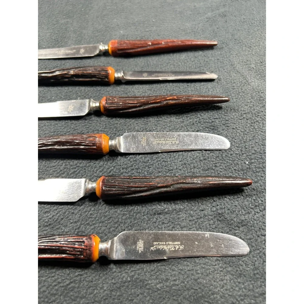 6pc F.A. Kirk Cutlers Sheffield England Stainless Steak Knives Faux Stag Handle